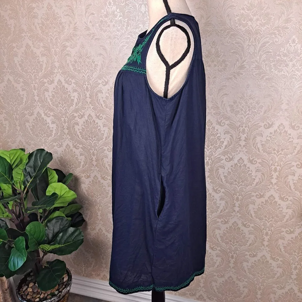 J Crew Size Medium Navy Blue Shift Dress Green Embroidery Linen/Cotton Slvls EUC
